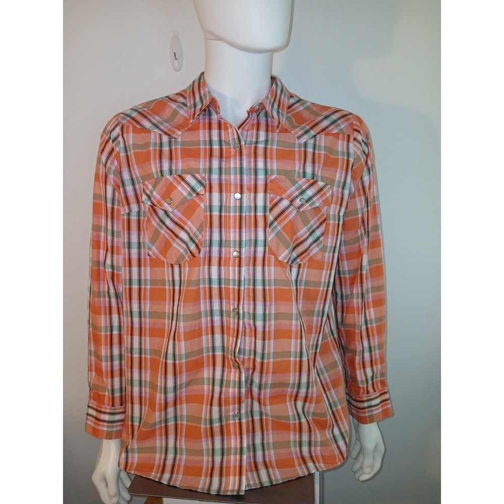 Wrangler Shirt Womens Size XL Pearl Snap Orange Plaid Long Sleeve Western Top